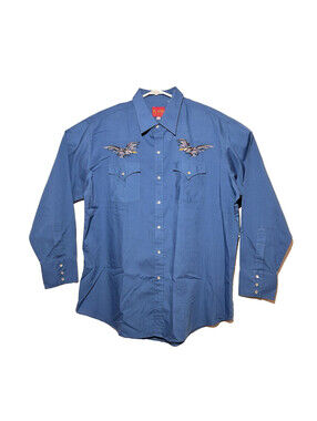 Vintage Plains Western Wear Pearl Snap Shirt XL Blue Eagle Embroidered USA
